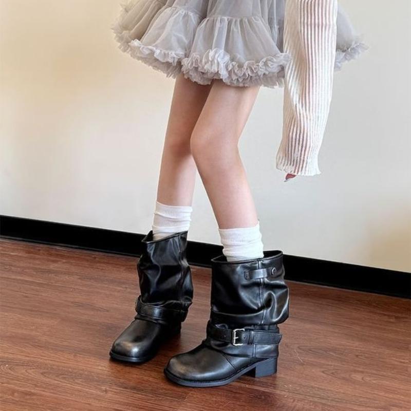Fashion Round Toe Belt Buckle Mid Calf Shoes Woman New in Waterproof Footwear on Promotion Hot Y2k Rock Offer Half High Boots for Women