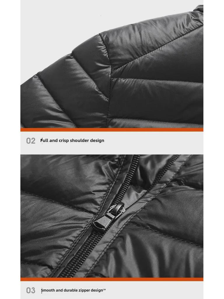 Men's Ultra-Light Silk Cotton Jacket with Stand-Up Collar and Hood - Large Size, Autumn/Winter 2024 Collection