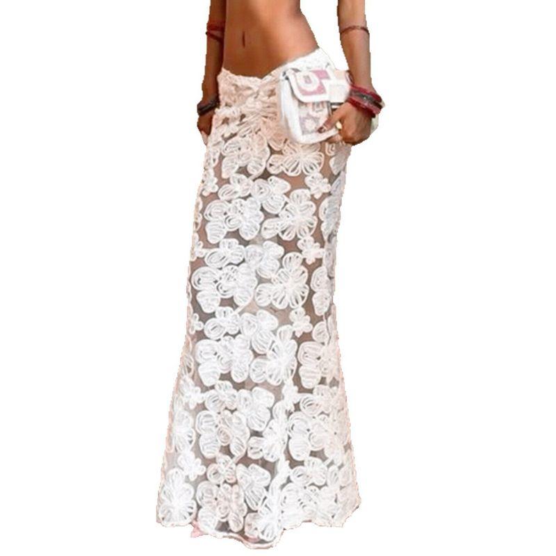 Romantic Island Resort Style Lace Three-Dimensional Floral V-Waist Long Skirt, Sexy Slim-Fit Figure-Flattering Half Skirt