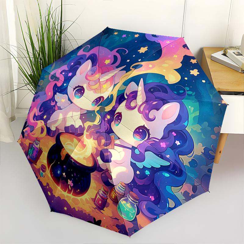 

1pc Two Cute Unicorns Automatic Folding Fashion Umbrella - 3 Folding Design, Vivid Cartoon Pattern, Suitable for Outdoor Activities, A Gift for Fans I