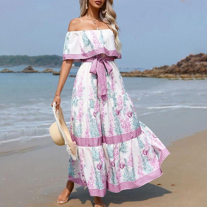 

Dazzling Dress2025 European and American Spring Summer Women New off-Shoulder Print Long Big Hemline Dress Pink White L