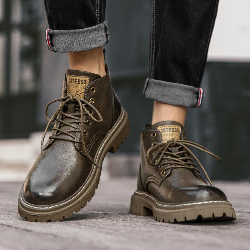 Fashion Brand Autumn Winter Shoes Men Leather Boots Thick Sole Non-slip Warm Plush Cold Winter Cow Leather Male Ankle Botas Black