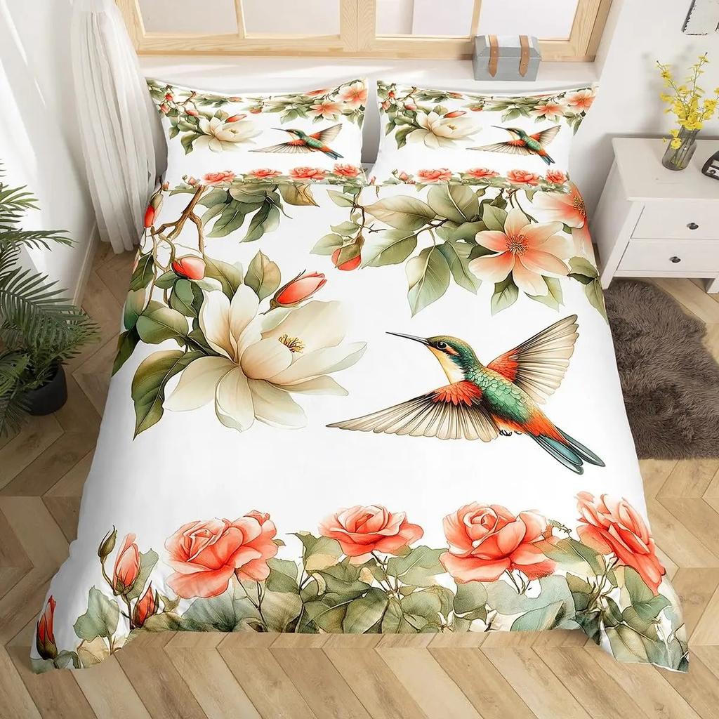 Kolibri Blumen Bettbezug Vögel Bettwäsche Set Blau Grün Frühling Wildtiere Botanisch Bettdeckenbezug Polyester Steppdeckenbezug