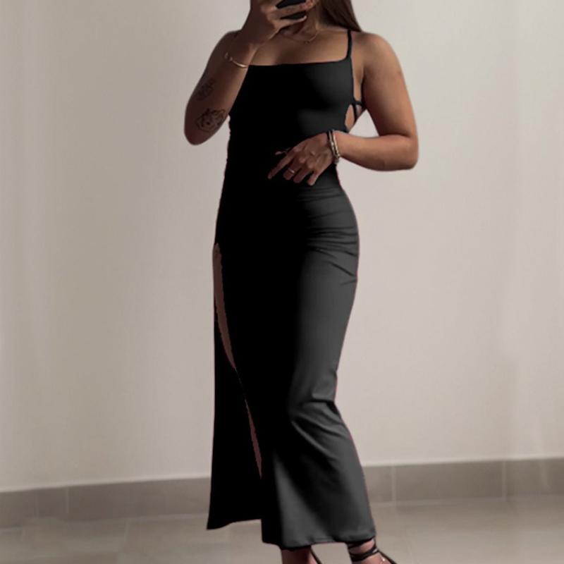 Women's Sexy Strappy Split Dress Fitted Back with Tie-Up Detail Exposed Back Summer Party Maxi Dress