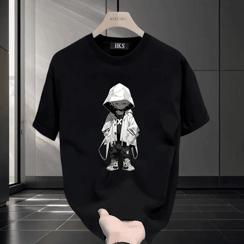 Short sleeved T-shirt for men in summer 2026, heavy weight loose round neck top, trendy printed and cool T-shirt S чёрный