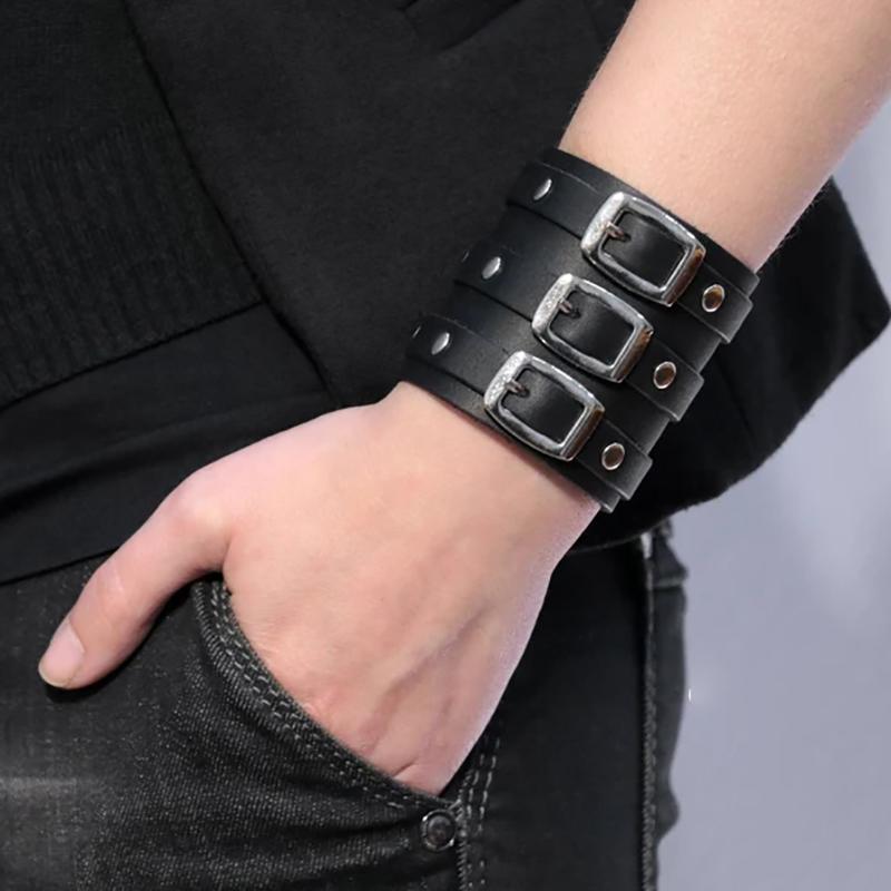 Vintage Lær Armbånd Armmansjett Goth Metall Armbånd Skjult Spenne Justerbar Gotisk Punk Armbånd Herresmykker