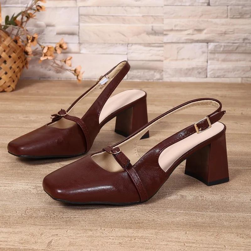 Fashion 2025 Summer New Women's Slingbacks High Heels Elegant Square Toe Buckle Strap Chunky Heels Pumps for Plus Size Dress Sandals