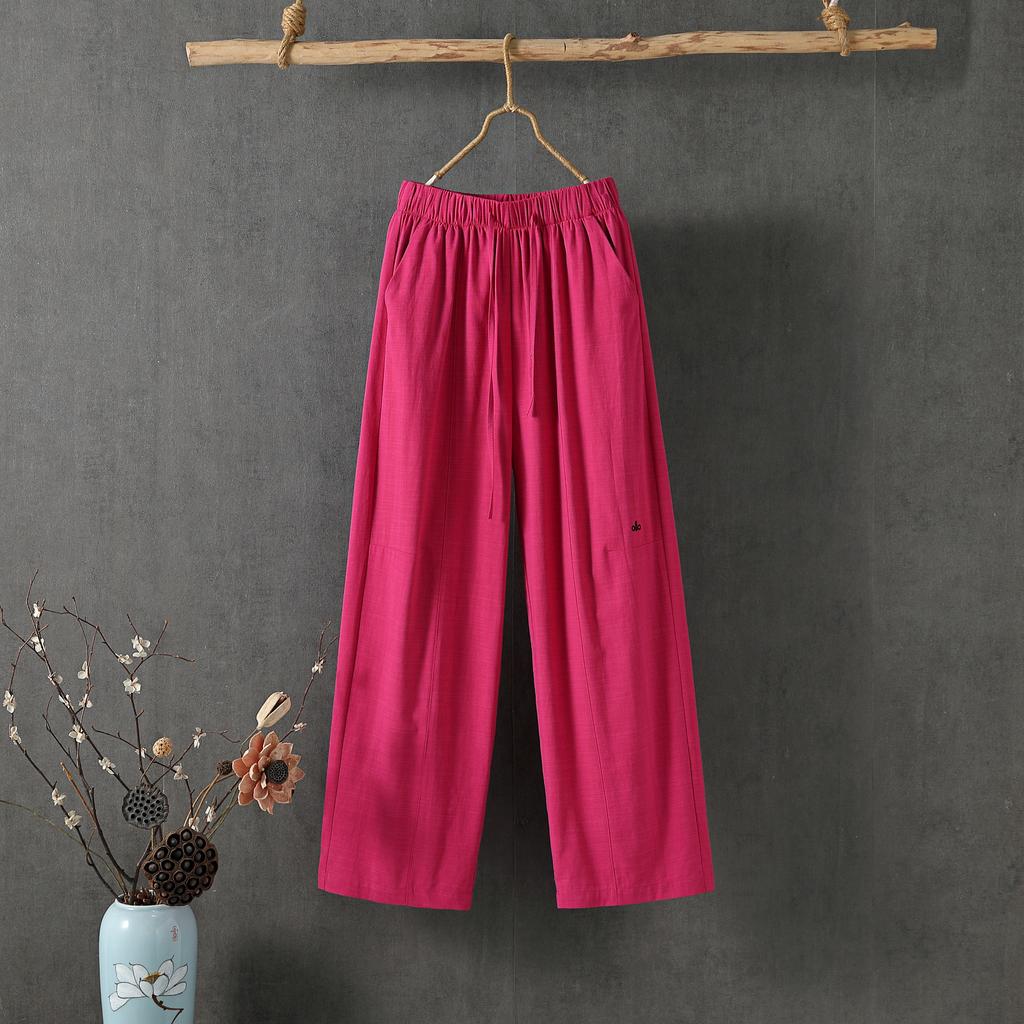 Women Summer Cotton Hemp Cropped Pants Mid-Rise Elastic Waistband Casual Pants Solid Color