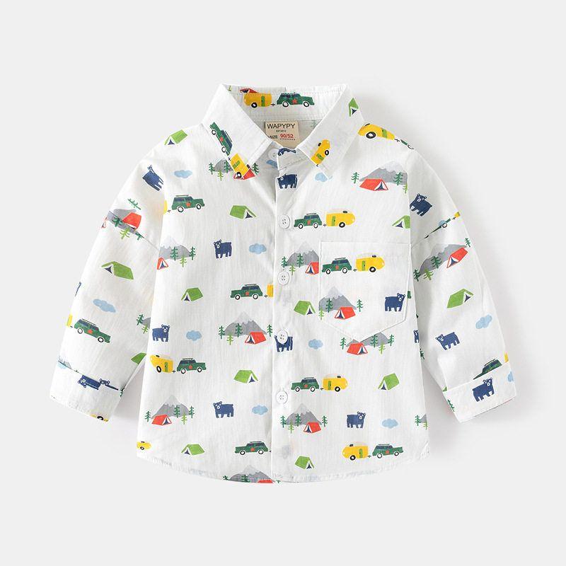 Children's Long-Sleeved Dinosaur Shirt, Spring and Autumn Boys' Cartoon Car Shirt, Baby Boy's Lapel Sun Rainbow Top