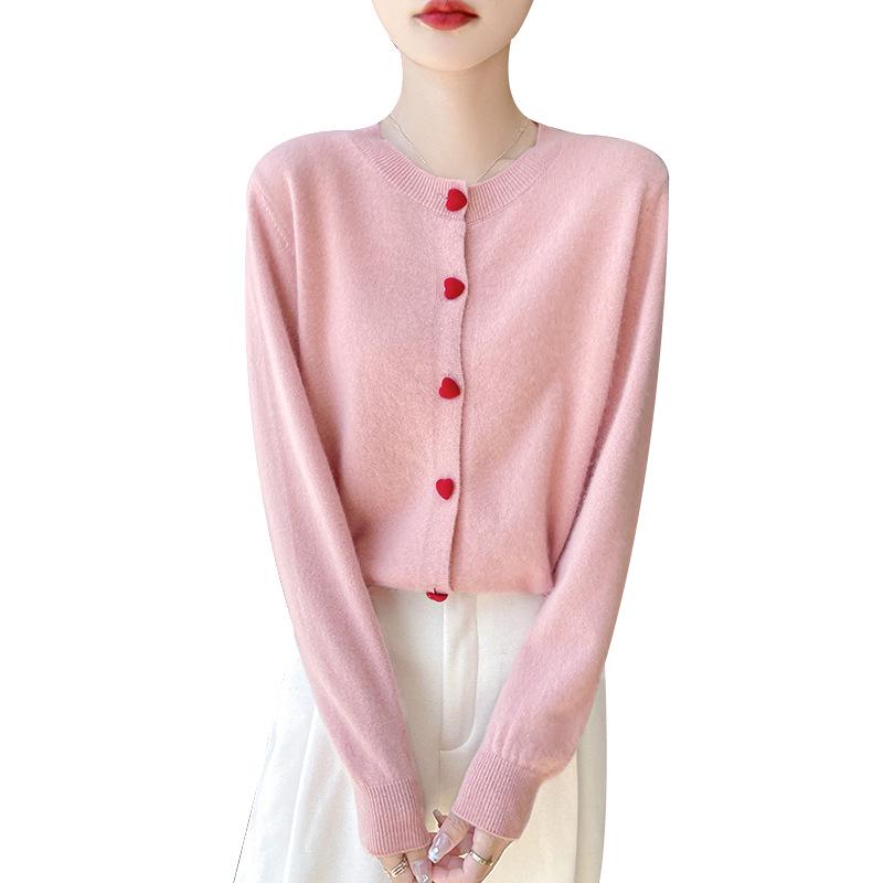 Women's 100% Wool Loose Knit Cardigan with Heart Buttons - Sweet Style Round Neck Sweater for Autumn/Winter