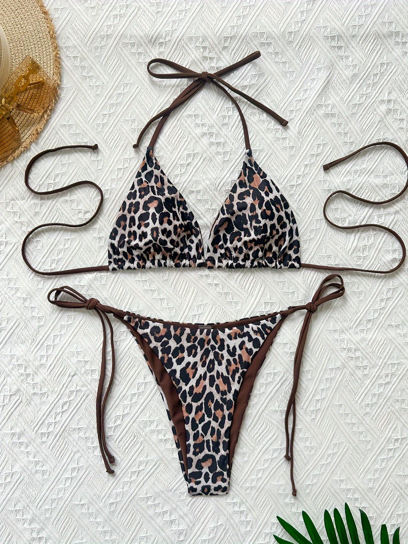 

Женский леопардовый купальник бикини халтер 2024 - Треугольный, с низкой посадкой, Сексуальный дизайн L чёрный