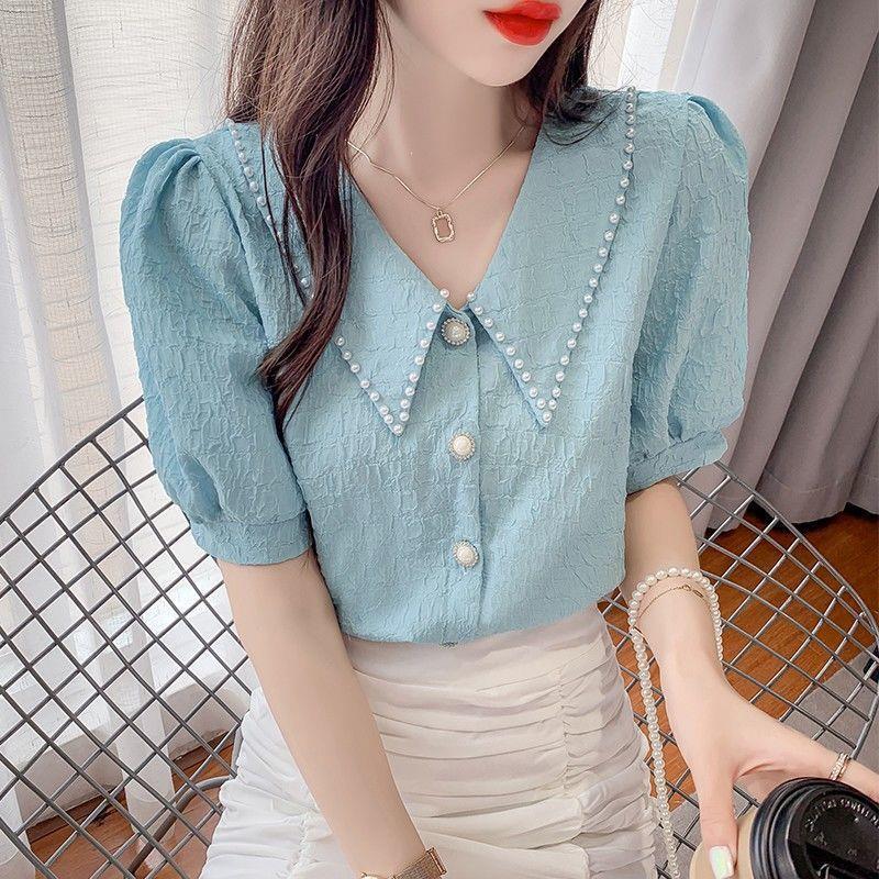 Women's Peter Pan Collar Short Sleeve Blouse Regular Fit Sweet French Vintage Shirt Summer Puff Sleeve Textured Short Top
