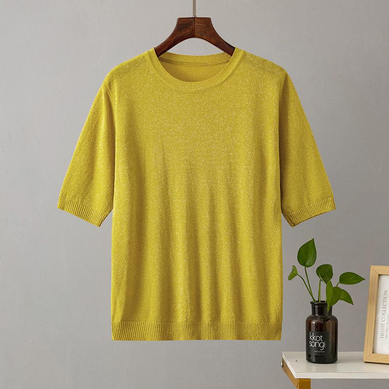 Sommer Damen Helles Seide Kurzarm Einfarbig Locker Dünn Rundhals Vielseitiges Halbarm Strick-T-Shirt
