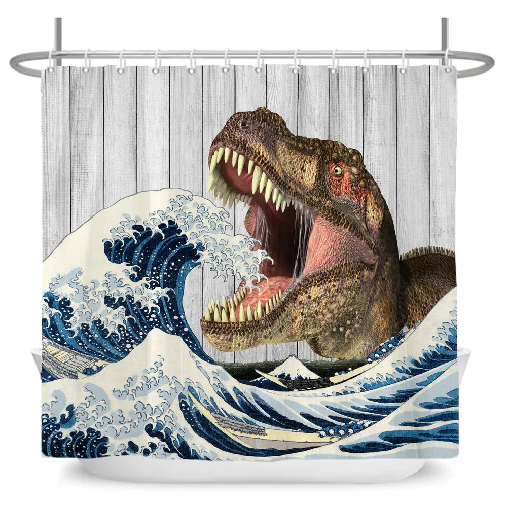 Lustige Hund Dinosaurier Duschvorhänge Cooler Katze reitet Dinosaurier Japanische Ozeanwelle Kinder Badezimmervorhang Raumdeko Mit Haken
