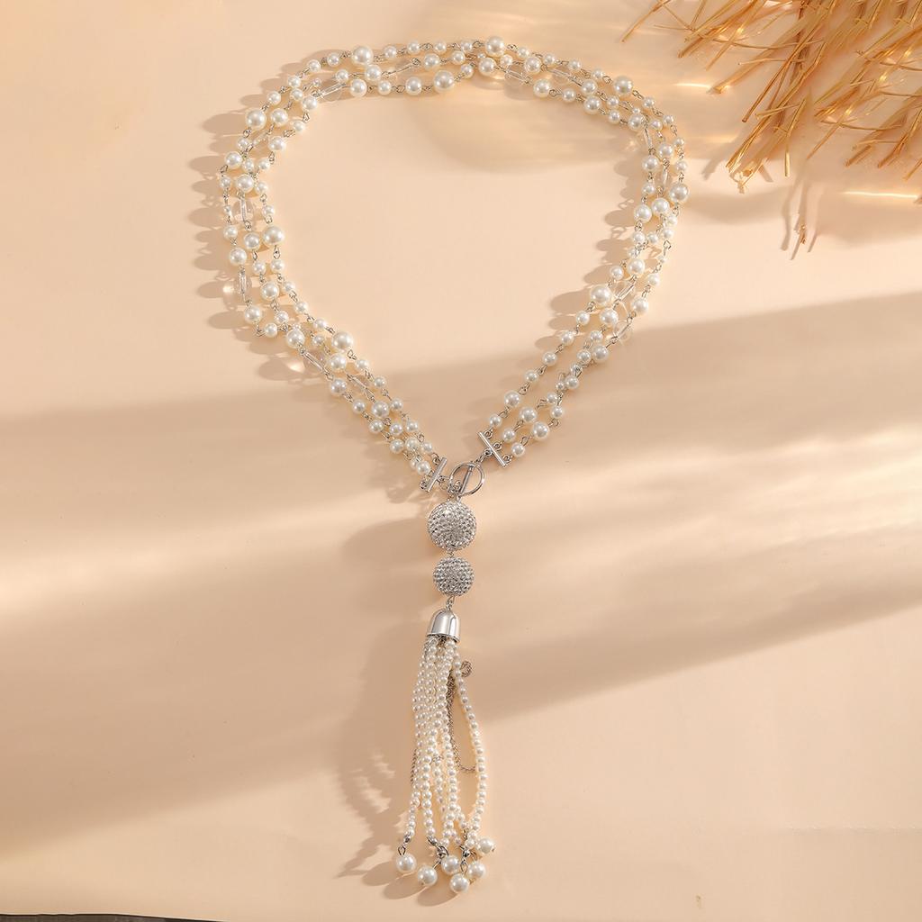Heavy Industry Hand Woven Full Diamond Imitation Pearl Tassel Pendant Necklace Collarbone Chain for Women