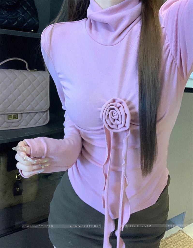 Sweet Style 3D Flower High Neck Long Sleeve Women's Slimming Top - Autumn/Winter