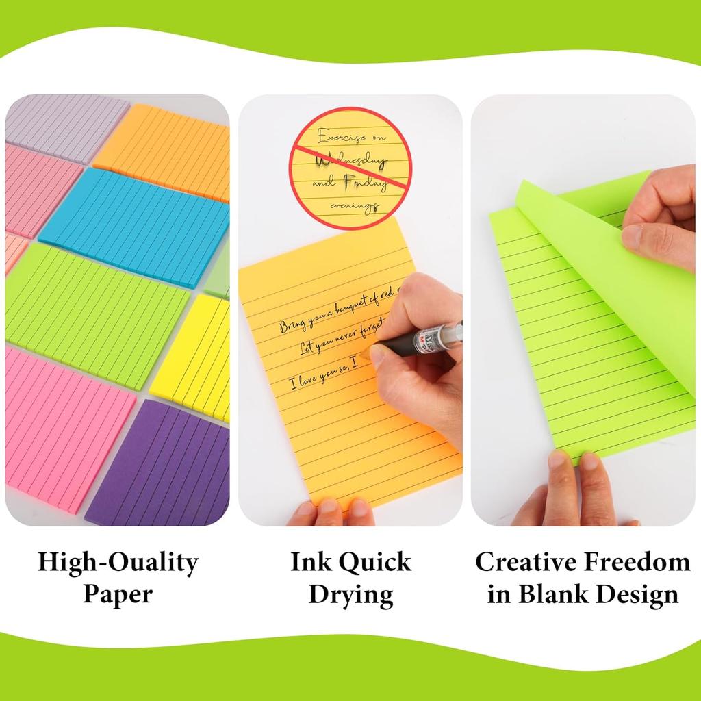 NESCCI 12 Pads Lined Sticky Notes 4x6 Sticky Notes with Lines Self-Stick Note Pads 12 Bright Multi Colors Big Rectangular Sticky Note for