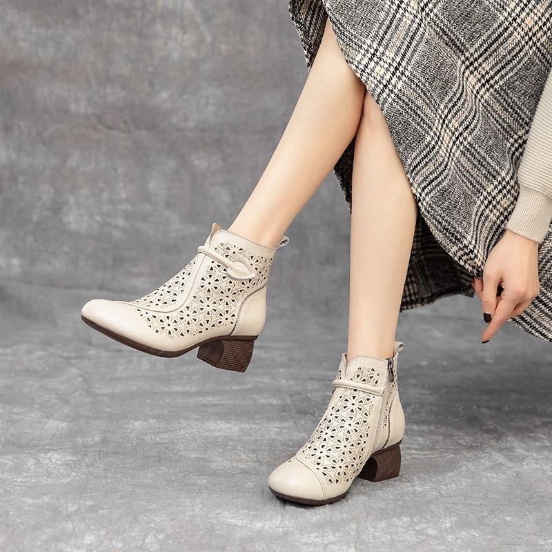 Johnature Hollow Out Boots Genuine Leather Retro Ethnic Style Soft Sole Thick Heel Breathable Women's Shoes