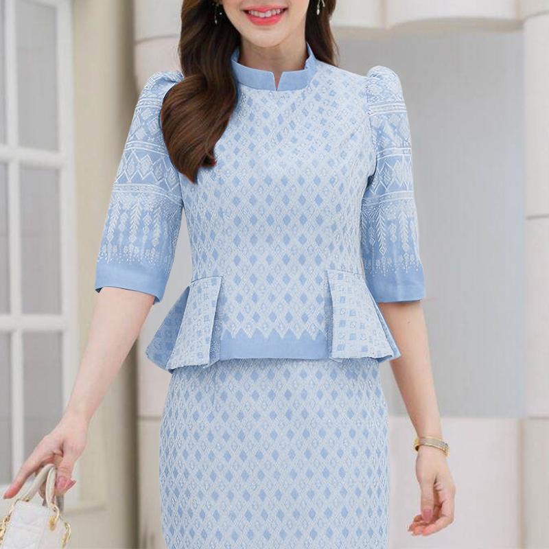 ZANZEA Women Casual Stand Collar Loose Half Sleeve Print Blouse