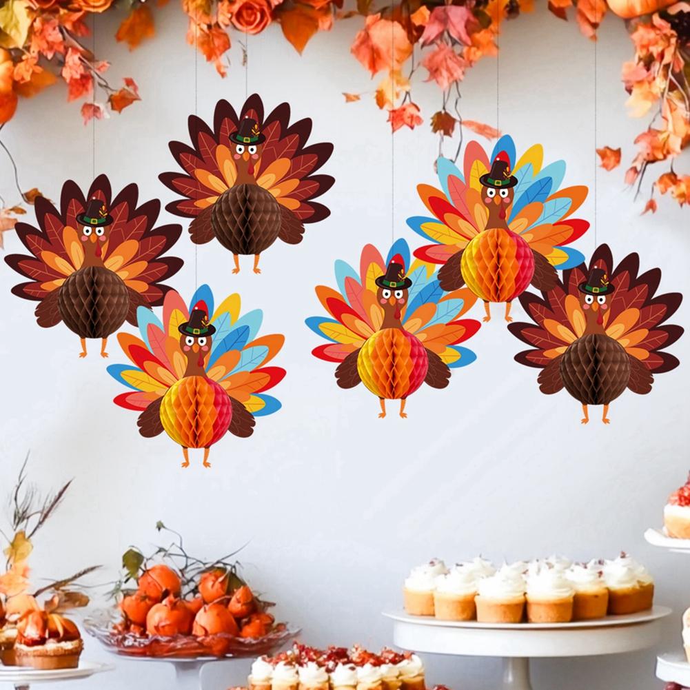 6pcs/set Turkey Honeycomb Ball Ornament Thanksgiving Party Autumn Themed Table Centerpiece Setting Decoration