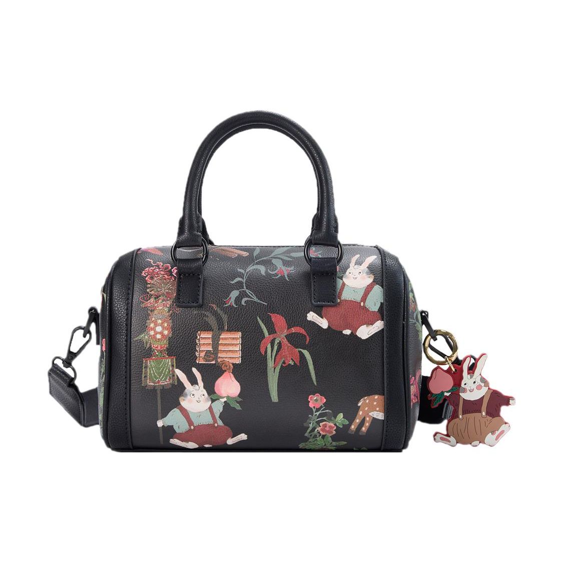 Li Ning Daily Prosperity Series Trendy Rabbit Element Full Print Synthetic Leather Boston Bag Women Shoulder Bag Black ABDT027-1 Black