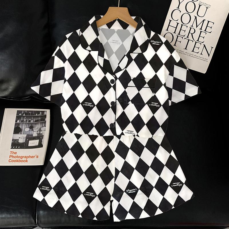 Fashion Light Luxury Black And White Checkerboard Ice Silk Pajamas Women'S Summer High-End Short-Sleeved Suit Loungewear