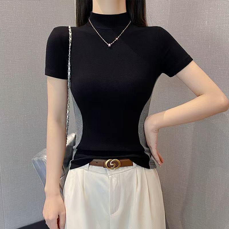 

Modal Ribbed Color Block Short Sleeve Top with Slim Waist and High Neck Design S (up to 40 kg)