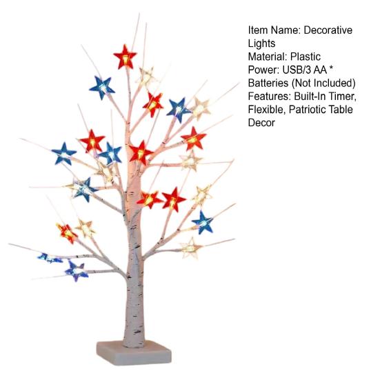 4th of July Decorative Lights Patriotic Tree Ornaments 18 Inch Tabletop Decor with 24 Red White Blue LED Star Lights