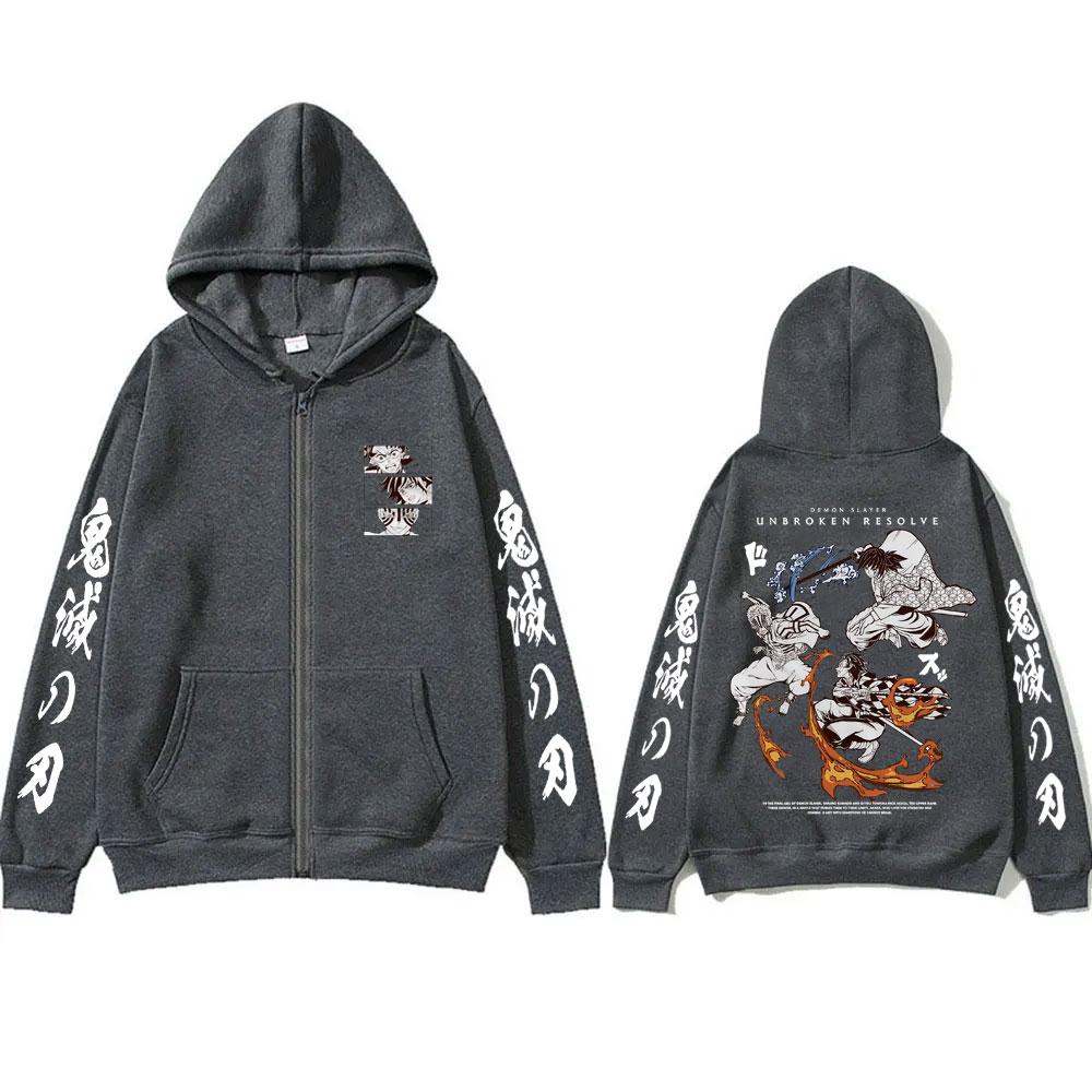 Anime Demon Slayer Kamado Tanjirou Tomioka Giyuu Akaza Merch Zipper Hoodie Men Women Fashion Fleece Vintage Zip Up Jacket