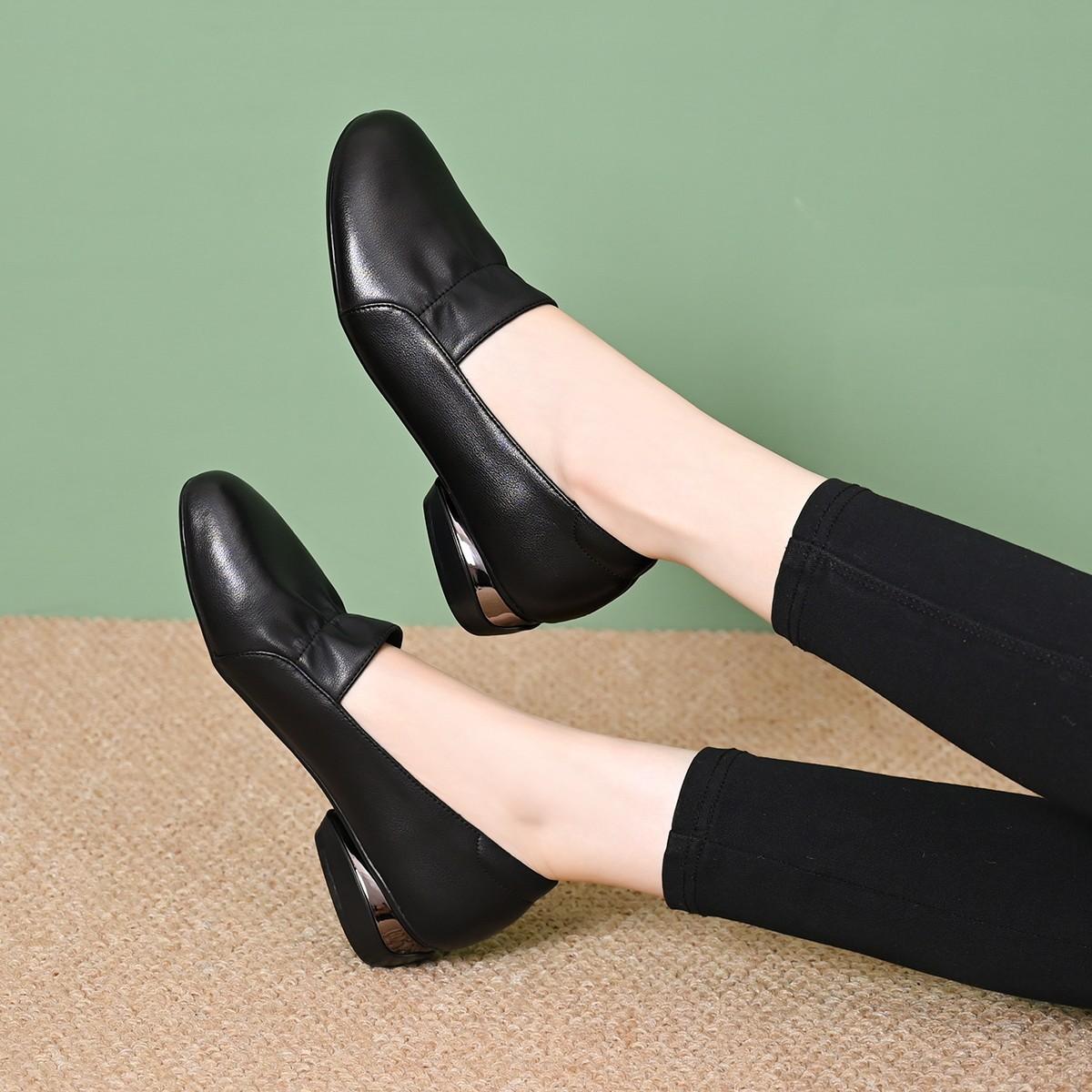 

New Spring and Autumn Coarse Heel Single Shoes Women s Heel Leather Shoes Women s Shoes Round Head Leather Shoes 41