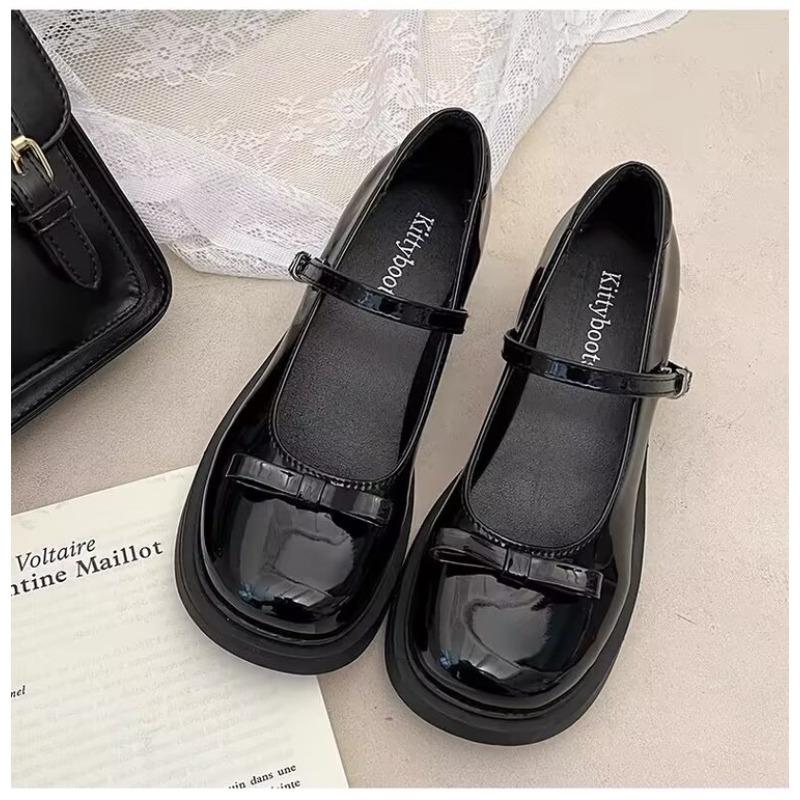 Coarse heel Mary Jane shoes women's autumn new bow versatile brown one-button small leather shoes