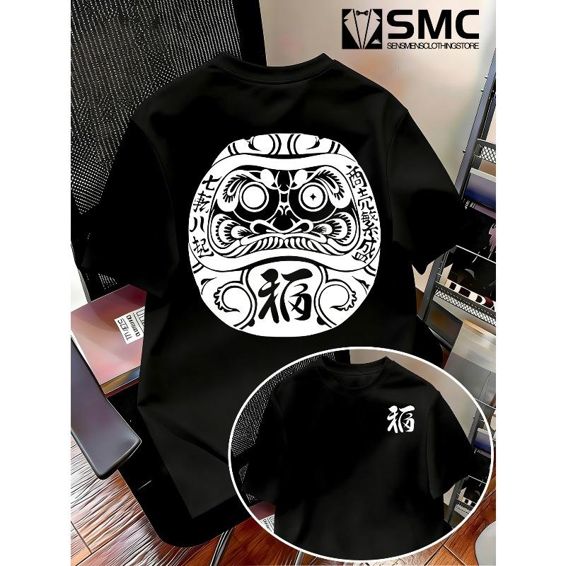 European Size Summer Japanese-Style Daruma and Fu Character Print Short-Sleeve T-Shirt for Men,National Trend Vintage Seven Turns Eight Rising T-Shirt