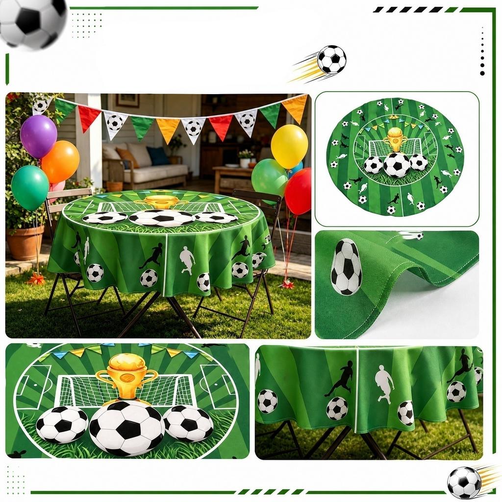 Round Tablecloth with Soccer Trophy and Ball Print for Sports Party Decoration Dining Room Picnic Indoor Outdoor Use