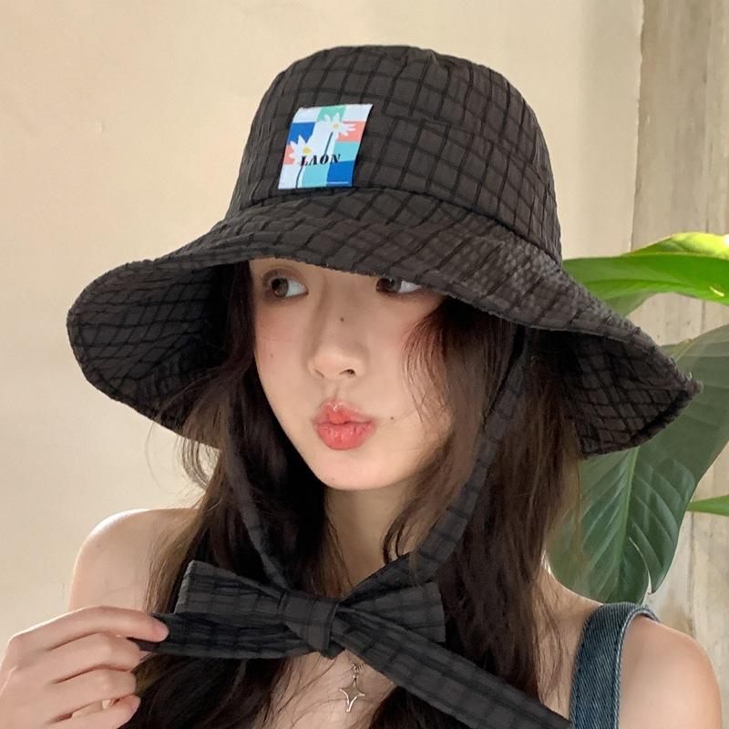 ins plaid wide edge strap bucket hat women's summer eaves UV protection double-sided sunscreen hat basin hat student