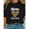 European Size Women'S Black Short Sleeve T-Shirt - Principal Heart Leopard Print & "Being A Principal Is Heart Work" Slogan,Round Neck Graphic Tee