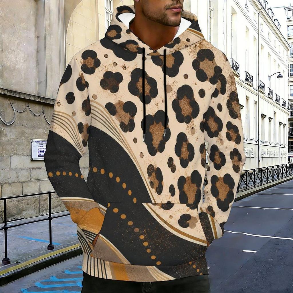Pánská mikina s kapucí a klokaní kapsou, s leopardím potiskem, dlouhým rukávem a stahovací šňůrkou, nadměrná velikost