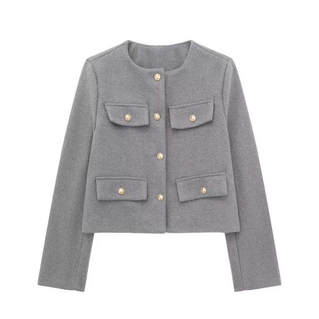2024 Autumn Women's Pocket Crew Neck Fashion Coat