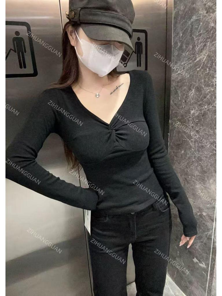 Women's Elegant Knotted V-Neck Long-Sleeve Slim-Fit T-Shirt – French Design Spring 2026 Arrival