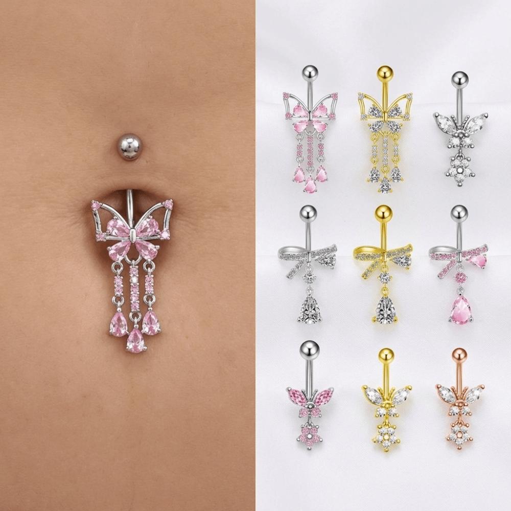 Bow Butterfly Navel Piercing Elegant Curved Barbell Fashion Dangled Belly Ring Party