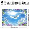 Serene Dove Tapestry, Peaceful Scene of a White Dove Soaring Under a Sunny Sky with Blooming Flowers, Gentle and Spiritual Wall Art