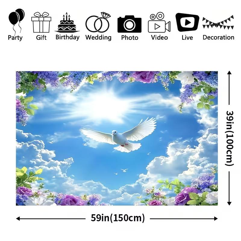Serene Dove Tapestry, Peaceful Scene of a White Dove Soaring Under a Sunny Sky with Blooming Flowers, Gentle and Spiritual Wall Art