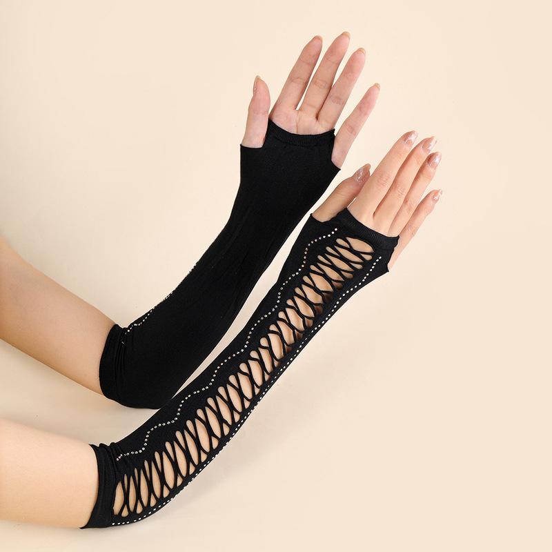 

Sexy Black Long Rhinestone Decorate Arm Sleeves Spicy Girl Fingerless Elbow Elastic Gloves For Driving Cycling Party Nightclub