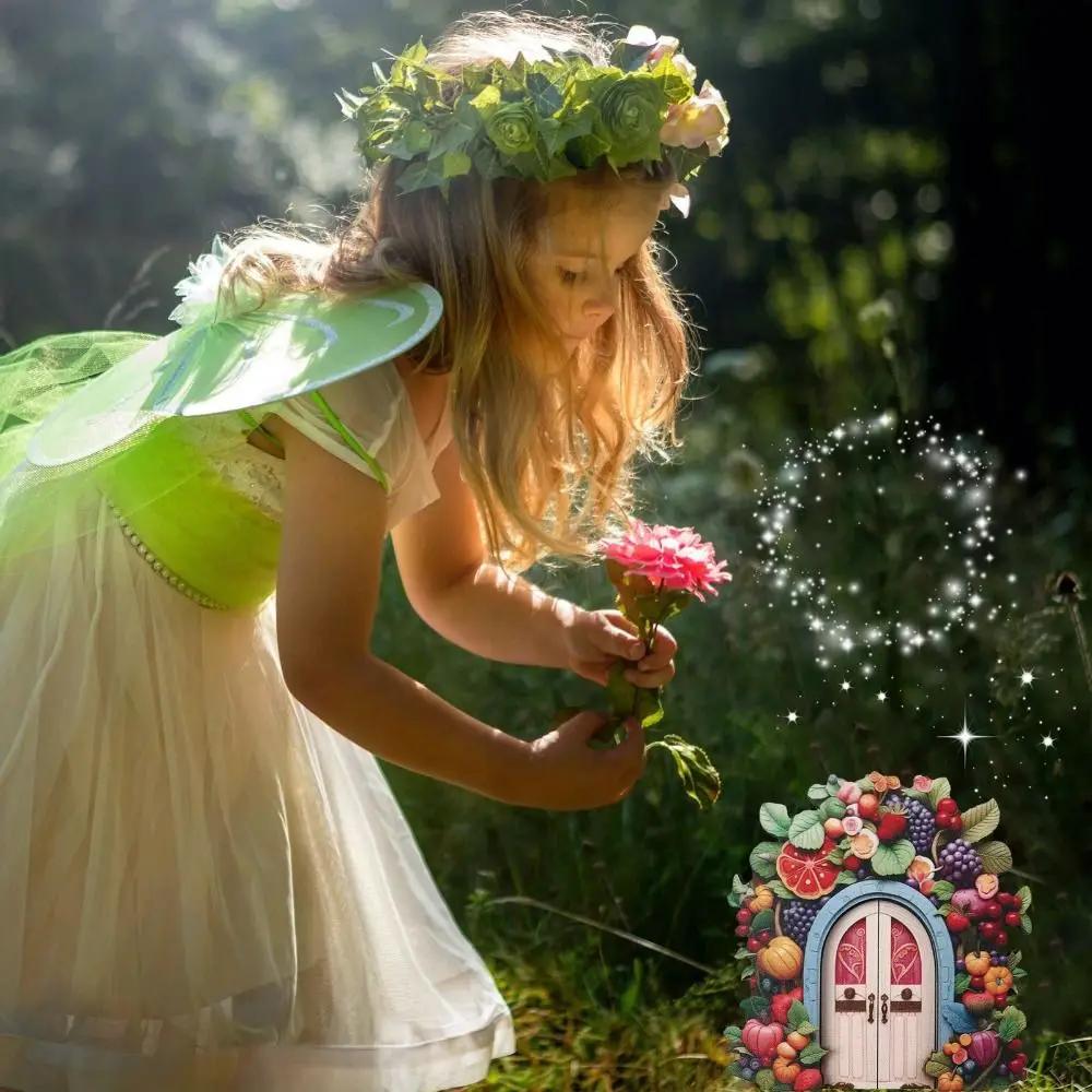 Wooden Fairy Gnome Door Figurines Handmade Micro Landscape Windows Door Miniature Craft Elf Door Art Statues Garden Decoration