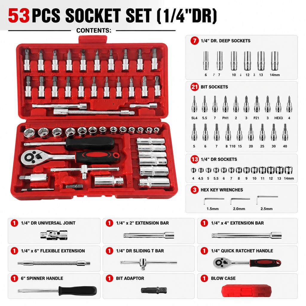 Bulk Supply Industrial Grade 53pcs Metric Socket Tool Box for 4S Workshop Use