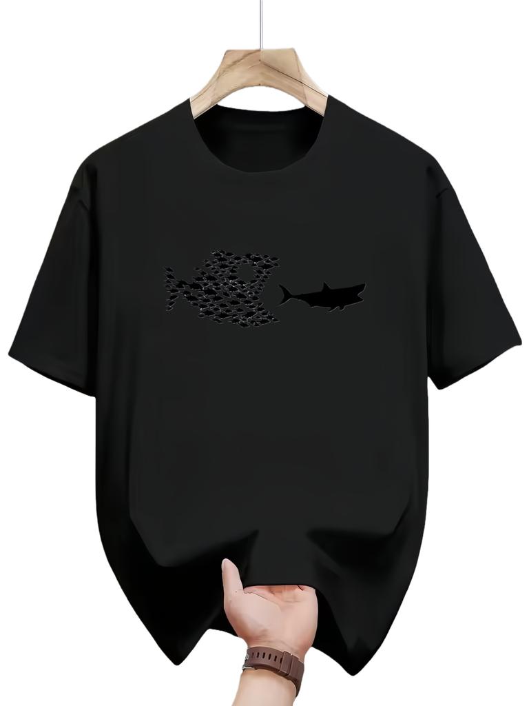 Mens Big Fish Eating Small Fish Pattern Summer Casual Round Neck Short Sleeve TShirt Men Clothing Comfortable