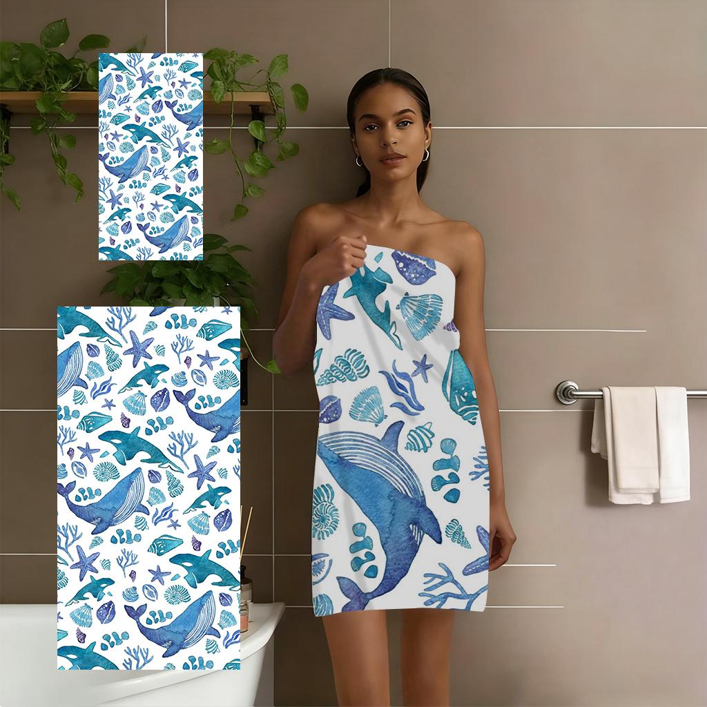 Watercolor Whale & Ocean Creature Beach Towel, Soft Microfiber Quick Dry Bath Towel, Sand-Free Large Towel for Summer Beach Pool