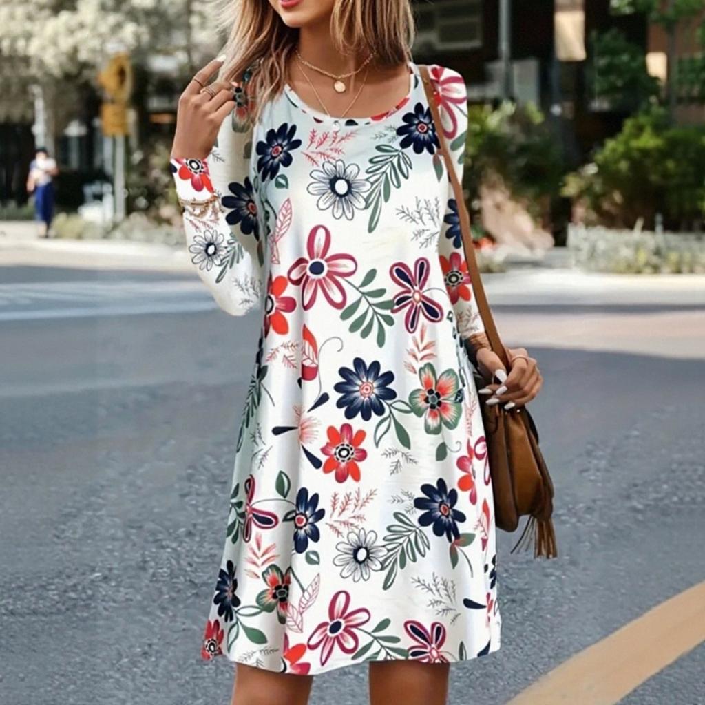 Women's Fashionable Retro Printed Round Neck Casual Long Sleeved Dress
