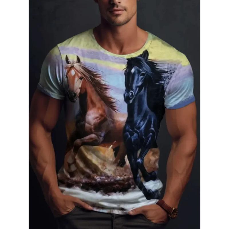 Summer Round Neck 3D Horse Print Top Fashionable Casual Vintage Short Sleeved Men's T-shirts