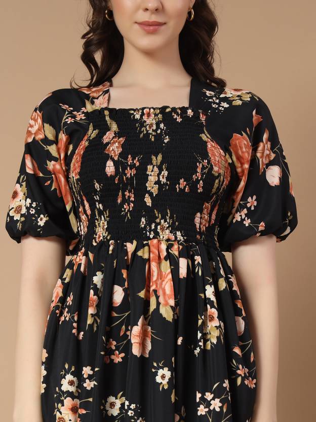 Women Empire Waist Black Midi/Calf Length Dress Gown Kurta Party Wear Top Tunic