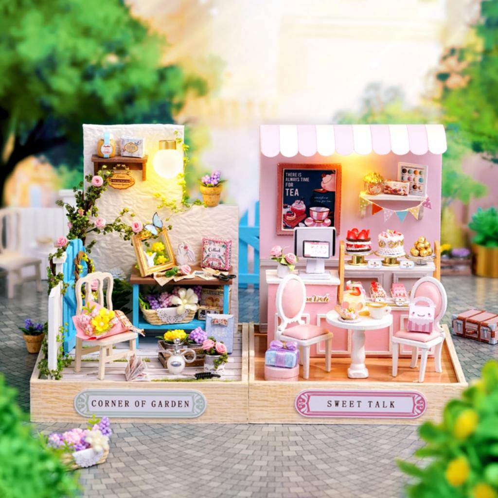 DIY Wooden Miniature Dollhouse Kit [Garden Corner] Handmade Interior for Beginners, Stylish Gift, 3D Puzzle, LED Light and Dustproof Cover Included